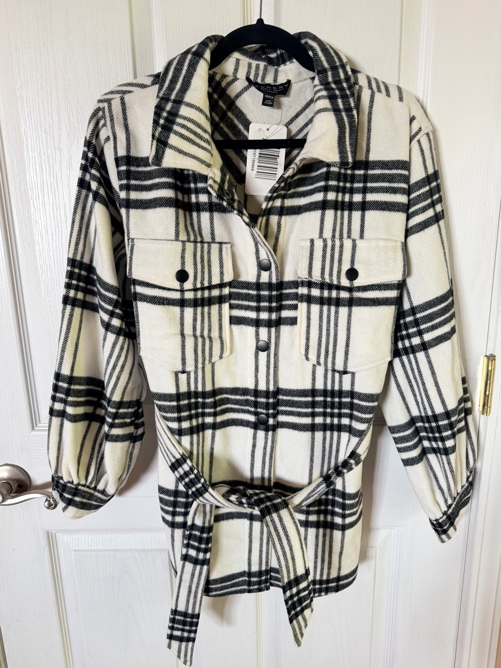 Laundry By Shelli Segal Black & Cream Plaid Belted Shacket